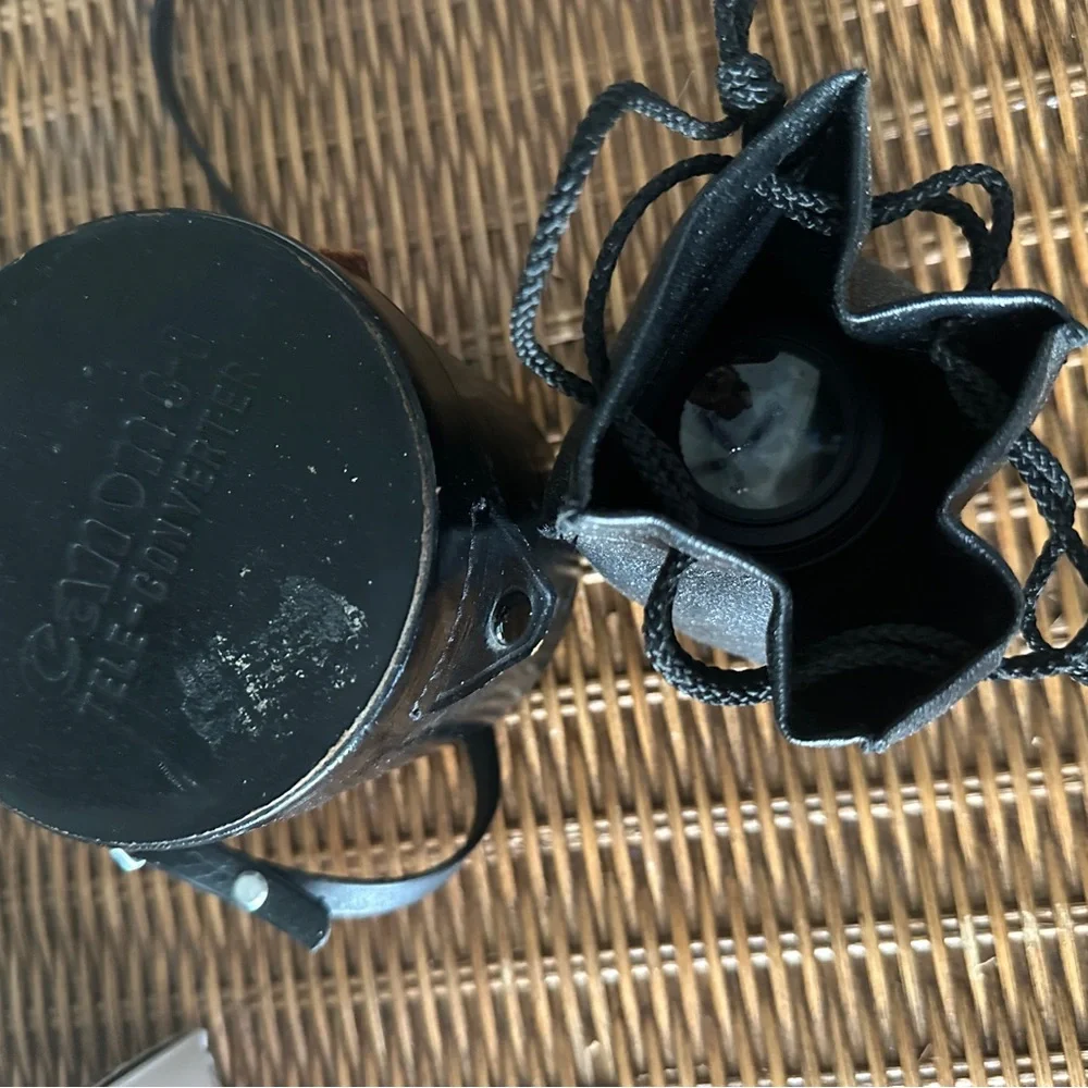 Ambico semi fish-eye 0.42x lens with vintage leather canon case